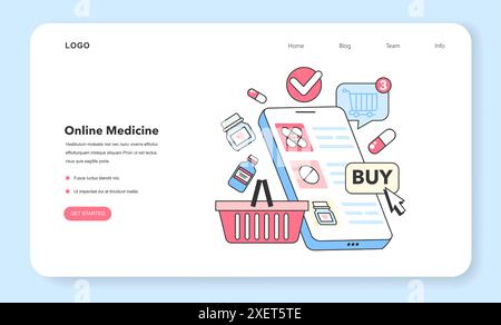 Online-Banner oder Landing-Page für Apotheken. Online-Kauf von Medikamenten, Medikamenten und Medikamenten. Drogerieservice. Gesundheitsfürsorge und medizinisches Behandlungskonzept. Illustration des flachen Vektors Stock Vektor