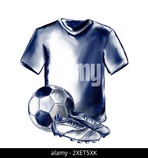 Sportuniform und Ball. Fußballzubehör. T-Shirt mit Stiefeln und Fußball. Einfarbige Aquarellabbildung. Stockfoto