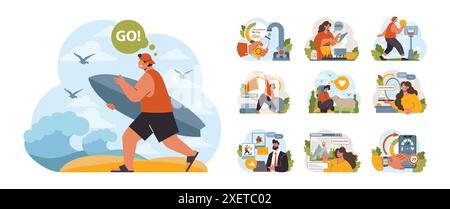 Aktives und gesundes Lifestyle Set. Richtige Ernährung, Wasserhaushalt, körperliche Aktivität, Erholung. Moderne Lebensgewohnheiten für Langlebigkeit und körperliches Wohlbefinden. Illustration des flachen Vektors Stock Vektor