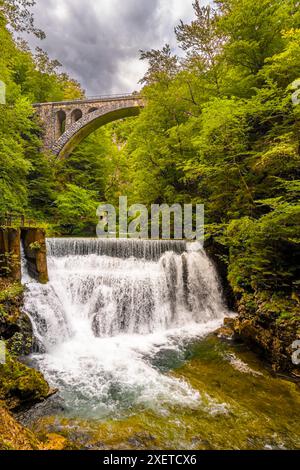 Wunderschöner Wasserfall in der Vintgar-Schlucht, Slowenien. Blick auf Wasserfall und Steinbrücke Stockfoto