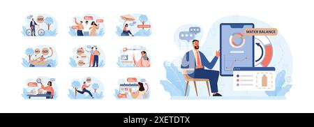 Aktives und gesundes Lifestyle Set. Richtige Ernährung, Wasserhaushalt, körperliche Aktivität, Erholung. Moderne Lebensgewohnheiten für Langlebigkeit und körperliches Wohlbefinden. Illustration des flachen Vektors Stock Vektor