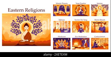 Östliche Religion festgelegt. Religiöse Ideen und Rituale aus Asien und dem Nahen Osten. Hinduismus, Shinto, Islam, Taoismus. Symbole der verschiedenen Religionen des Menschen. Illustration des flachen Vektors Stock Vektor