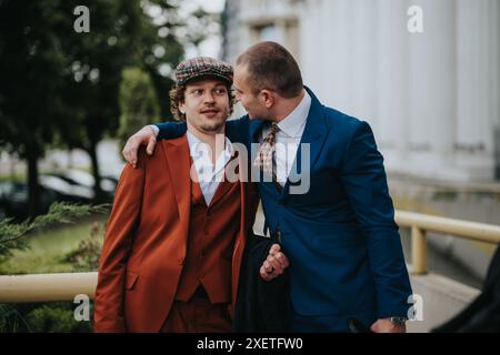Glückliches schwules Business-Paar, das sich in stilvollen Anzügen im Freien an einem angenehmen Tag umgibt Stockfoto