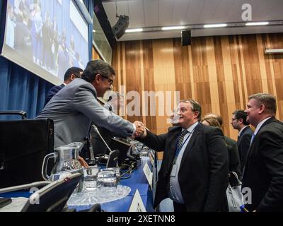 Wien, Österreich, Österreich. Juni 2024. Am Ende der 67. COPUOS-Tagung schütteln die Delegierten und Mitglieder des Panels die Hand. Die COPUOS-Konferenz bringt die 102 Mitglieder zusammen, um die internationale Zusammenarbeit bei der friedlichen Nutzung des Weltraums zu überprüfen und zu fördern sowie rechtliche Fragen zu erörtern, die sich aus der Erforschung des Weltraums ergeben. (Kreditbild: © Bianca Otero/ZUMA Press Wire) NUR REDAKTIONELLE VERWENDUNG! Nicht für kommerzielle ZWECKE! Stockfoto