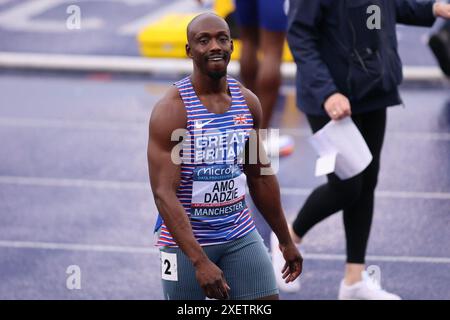 Manchester, England am Samstag, 29. Juni 2024. Manchester, England am Samstag, 29. Juni 2024. Eugene Amo-Dadzie wird 4. In den 100 m Herren während der Microplus UK Athletics Championships am Samstag, den 29. Juni 2024, in der Manchester Regional Arena in Manchester, England. (Foto: Pat Scaasi | MI News) Credit: MI News & Sport /Alamy Live News Credit: MI News & Sport /Alamy Live News Stockfoto