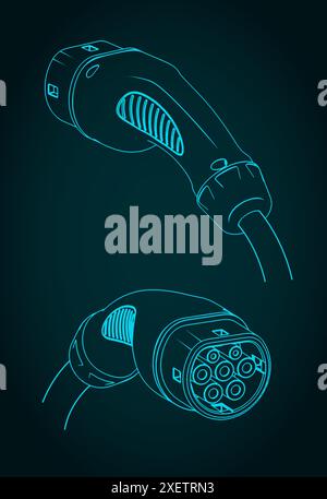 Stilisierte Vektorabbildungen von Blueprints des EV-Ladegerätes Typ 2 Stock Vektor