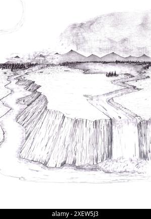Schwarz-weiße Linienzeichnung, die eine Landschaft mit Bergwolken, Regen und Wasser zeigt, die zu einem Regenzyklus verdunstet. Schwarz-weiß-Zeichnung eines rai Stockfoto
