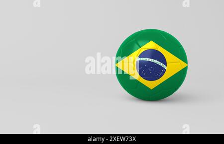 3D-Illustration eines Fußballballs mit der brasilianischen Flagge, in dem die Farben Grün, Gelb und Blau mit dem nationalen Emblem dargestellt werden. Perfekt für Stockfoto