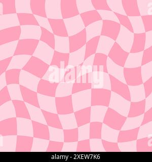 Verzerrtes kariertes Muster. Grooviges, nahtloses Retro-Hippie-Muster. Psychedelic im Retro-Stil im trendigen 70er-Stil. Vintage-Hintergrund mit schlichtem Schachbrettmuster. Verzerrtes geometrisches Muster. Abstraktes Schwarzweiß. Stock Vektor