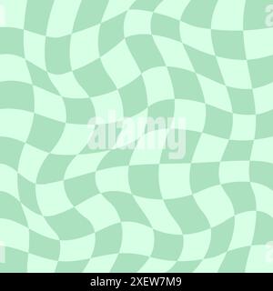 Verzerrtes kariertes Muster. Grooviges, nahtloses Retro-Hippie-Muster. Psychedelic im Retro-Stil im trendigen 70er-Stil. Vintage-Hintergrund mit schlichtem Schachbrettmuster. Verzerrtes geometrisches Muster. Abstraktes Schwarzweiß. Stock Vektor