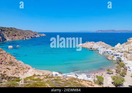 Firopotamos Dorf, hohe Aussicht, Firopotamos, Milos Insel, Kykladen Inseln, Griechenland Stockfoto