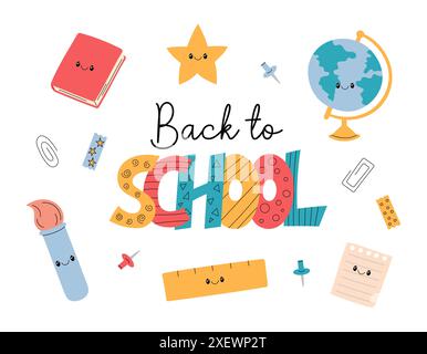 Back-to-School-Komposition. Vektorabbildung. Niedliches Bürozubehör. Lustige Schreibwaren für die Grundschule. Bunte handgezeichnete Kritzelei Stock Vektor