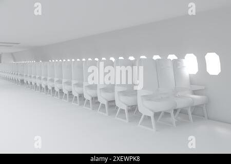 3D-Rendering von weißem Flugzeuginnenraum mit leeren Sitzen und Platz Stockfoto