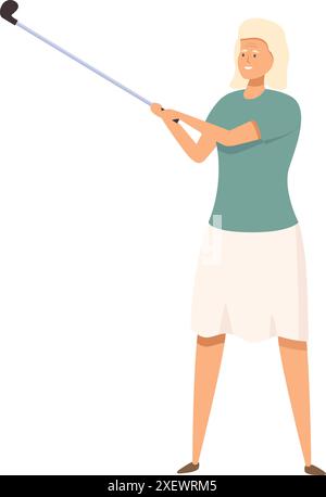 Ältere Frau, die Golfschläger spielt, glücklicher älterer Charakter, der Freizeit oder Sportaktivität genießt Stock Vektor