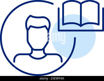 Männlicher Benutzer Avatar und Buch. Personalisiertes Online-Bibliotheksprofil. Abonnement für digitales Lesen. Symbol für Pixelperfekte, bearbeitbare Kontur Stock Vektor