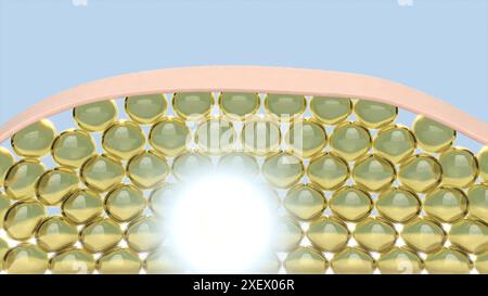 3D-Hautpflegeserum tropft in die Hautzelle UV SHILD Protect FIX Collagen 3D-Rendering Stockfoto