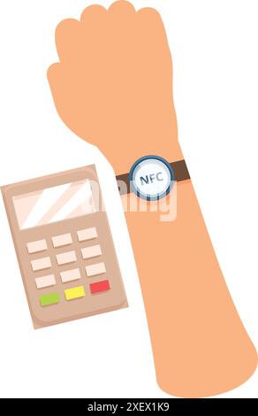 Hand mit Smartwatch und kontaktlose Bezahlung am POS-Terminal Stock Vektor