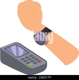 Hand mit Smartwatch, die kontaktlos an einem POS-Terminal bezahlt Stock Vektor