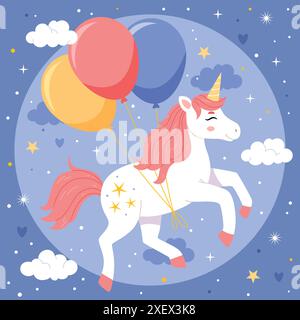 Ein glückliches Einhorn mit Ballons fliegt über den mondbeleuchteten Himmel. Für die Gestaltung von Drucken, Postern, Karten, Aufklebern usw. für Kinder Vektorabbildung Stock Vektor