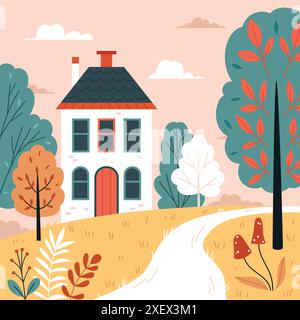 Niedliches Herbsthaus. Herbstlandschaft, Landschaft, Herbststimmung. Rustikale Häuser, gemütliche Hütten Illustration. Handzeichnung mit flachen Vektoren Stock Vektor