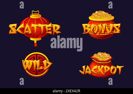 Wild-, Jackpot-, Bonus- und Scatter-Symbole für China-Slots. Symbole im chinesischen Stil für 2D-Spiele und Casino oder Slots. Stock Vektor