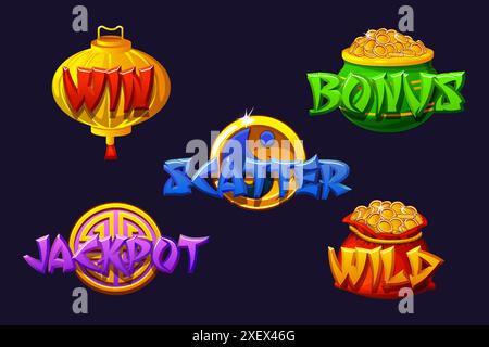 Wild-, Jackpot-, Gewinn-, Bonus- und Scatter-Symbole für China-Slots. Symbole im chinesischen Stil für 2D-Spiele und Casino oder Slots. Stock Vektor