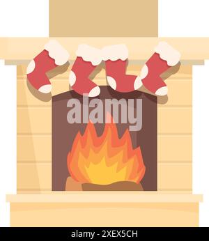 Der gemütliche Kamin brennt mit roten weihnachtsstrümpfen, die vom Mantel hängen Stock Vektor