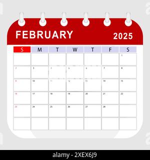 Februar 2025-Kalender. Vorlage für Monatsplaner. Sonntag beginnt. Vektordesign Stock Vektor