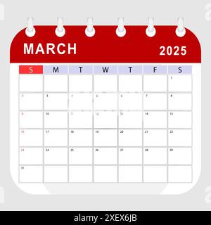 März 2025-Kalender. Vorlage für Monatsplaner. Sonntag beginnt. Vektordesign Stock Vektor