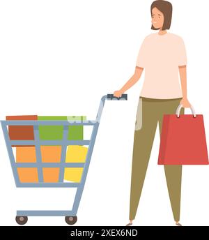 Die junge Frau schiebt einen Einkaufswagen voller Lebensmittel und hält eine Einkaufstasche Stock Vektor