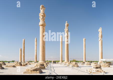 Malerischer Blick auf die Säulen des Apadana-Palastes auf blauem Himmel in Persepolis, Iran. Die hypostilvolle Halle der alten persischen Stadt. Stockfoto