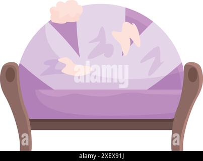Altes Sofa mit zerrissener Polsterung in violetter Farbe wartet auf Restaurierung in der Möbelwerkstatt Stock Vektor