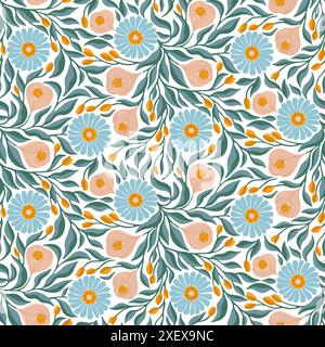 Florales Halbtropfen nahtloses Muster aus hellblauen Kamillen mit Blättern und kleinen gelben Tulpen auf weiß. Ideal für Textilien, Tapeten, Umhüllungen, Stoffe, Verpackungsdesign, Mode- Und Schönheitsprodukte. Stock Vektor