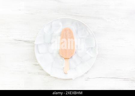 Beereneis mit Heidelbeeren auf einem Stock mit Eis. Weißer Hintergrund. Erfrischend im Sommer. Stockfoto