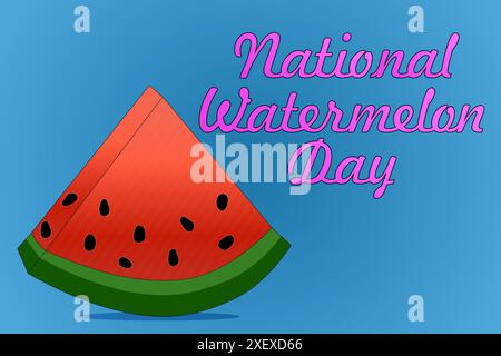 Feiern Sie den National Watermelon Day mit dieser lebendigen Vektor-Illustration mit einer saftigen Wassermelonenscheibe und festlichem Text. Stock Vektor