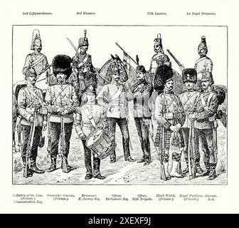 Eine alte Gravur der Uniformen, die von der britischen Armee während der viktorianischen Zeit getragen wurden. Es stammt aus einem viktorianischen Geschichtsbuch aus dem jahr 1900. Die Ränge reichen von Offizier bis Infanteristen und verschiedene Regimenter sind vertreten. Einige Männer sind zu Pferd. Stockfoto