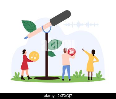 Studio-Aufnahme von Radiosendungen, Voice-Interview und Karaoke, Live-Sound von Musik. Winzige Leute halten Notizen und spielen Symbole, um Audio mit großen Mikrofon-Cartoon-Vektor-Illustration aufzunehmen Stock Vektor
