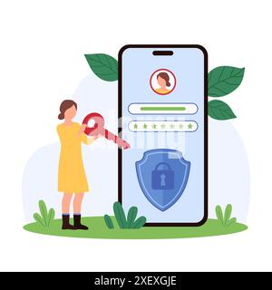 Sicherheitszugriff mit Anmeldung und Passwort für Benutzerkonto, Verifizierung in der mobilen App, Datenschutz. Winzige Frau, die den Schlüssel zum sicheren Schlossschild auf dem Smartphone-Bildschirm hält Cartoonvektorillustration Stock Vektor