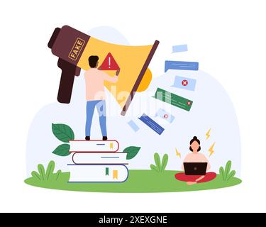 Fehlinformationen mit Fake News, Desinformation in der Community in sozialen Medien. Winziger Mann mit rotem Warnschild, um vor falschen Botschaften in Sprechblasen von großer Megaphon-Cartoon-Vektor-Illustration zu warnen Stock Vektor