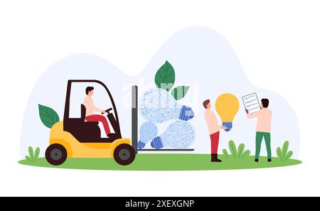 IT-Start-up, digitale Smart Science-Innovation, futuristische Ideenforschung. Kleine Leute tragen Glühbirnen mit Mikrochips im Inneren auf Gabelstapler, neue kreative Lösung Engineering Cartoon Vektor Illustration Stock Vektor