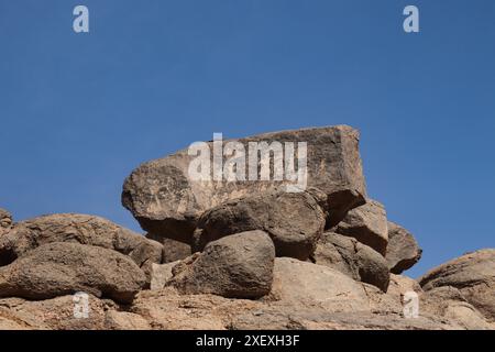 Die Hungersnot Stela (altägyptische Inschriften in ägyptischen Hieroglyphen auf der Insel Sehel in Assuan, Ägypten) Stockfoto