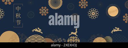 Bannerdesign mit traditionellen chinesischen Mustern, Mond, springende Hasen unter dem Mond. Gold auf dunklem Hintergrund. Übersetzung aus dem Chinesischen - Mitte Herbst Stock Vektor