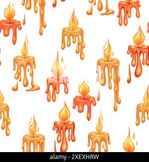 Mystisches Vektor-Muster mit fließenden Paraffinkerzen mit Feuer auf weißem Hintergrund. Textur mit Paraffinoberflächen aus Kerzenwachs. Festlicher Hintergrund Stock Vektor