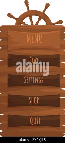 Das hölzerne Spiel-ui-Menü mit einem Lenkrad zeigt die Tasten Wiedergabe, Einstellungen, Einkaufen und Beenden an Stock Vektor