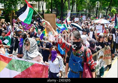 Protest gegen Völkermord in Gaza Personen, die an einer Demonstration namens Countermarch teilnehmen, um gegen den Völkermord der israelischen Regierung in Gaza zu protestieren. Mehr als 37.800 Tote und fast 86.900 Verletzte durch Angriffe Israels auf das palästinensische Volk. Am 29. Juni 2024 in Mexiko-Stadt. Foto: Carlos Tischler/ Eyepix Group Mexico City CDMX Mexico Copyright: XCarlosxTischlerxEyepixGroupx Stockfoto