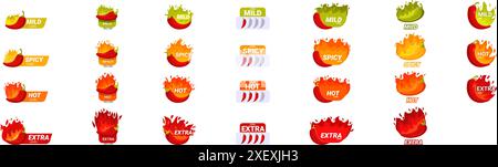 Symbole für die Schärfe gesetzt. Chili-Pfeffer-Skala mit verschiedenen Schärfegraden, von mild bis extra heiß, für Lebensmittelverpackungen Stock Vektor