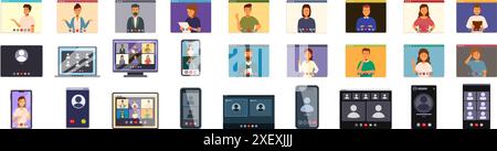 videocall-Symbole eingestellt. Personen, die von zu Hause aus arbeiten und Videokonferenzgespräche mit Computer, Laptop, Tablet und Smartphone führen Stock Vektor