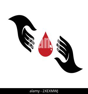 Der pflegende Logo-Vektor ist rot mit dem Bild des flehenden Handsymbols und roten Bluttröpfchen, Blut Illustration Logo Vektor Vorlage Stock Vektor