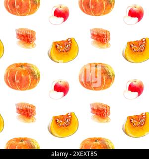 Nahtloses Muster mit Herbsterntefrüchten und Honig-Kürbis, Apfel und Honeycomb Stockfoto