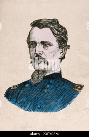 Porträt von General Hancock. Winfield Scott Hancock (1824–1886) war Offizier der US-Armee und Kandidat der Demokraten für das Amt des Präsidenten der Vereinigten Staaten im Jahr 1880. Er diente vier Jahrzehnte lang mit Auszeichnung in der Armee, unter anderem im Mexikanisch-Amerikanischen Krieg und als Gewerkschaftsgeneral im Amerikanischen Bürgerkrieg. Seinen Armeekollegen als „Hancock the Superb“ bekannt, wurde er vor allem für seine persönliche Führung in der Schlacht von Gettysburg im Jahr 1863 bekannt. Sein Militärdienst wurde auch nach dem Bürgerkrieg fortgesetzt, da Hancock am militärischen Wiederaufbau des Südens und des Arms teilnahm Stockfoto